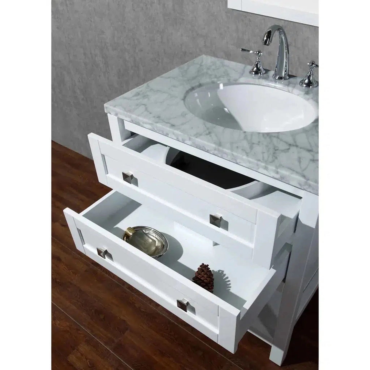 Stufurhome Marla 30" White Freestanding Bathroom Vanity with Oval Single Undermount porcelain basin, Carrara White Marble Top, Wood Framed Mirror, 2 Drawer and Widespread Faucet Holes