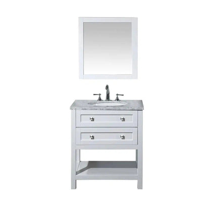 Stufurhome Marla 30" White Freestanding Bathroom Vanity with Oval Single Undermount porcelain basin, Carrara White Marble Top, Wood Framed Mirror, 2 Drawer and Widespread Faucet Holes