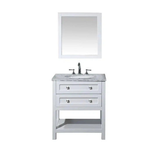 Stufurhome Marla 30" White Freestanding Bathroom Vanity with Oval Single Undermount porcelain basin, Carrara White Marble Top, Wood Framed Mirror, 2 Drawer and Widespread Faucet Holes