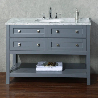 Stufurhome Marla 48" Grey Freestanding Bathroom Vanity With Oval Single Sink, Carrara White Marble Top, 4 Functional Drawers and Widespread Faucet Holes