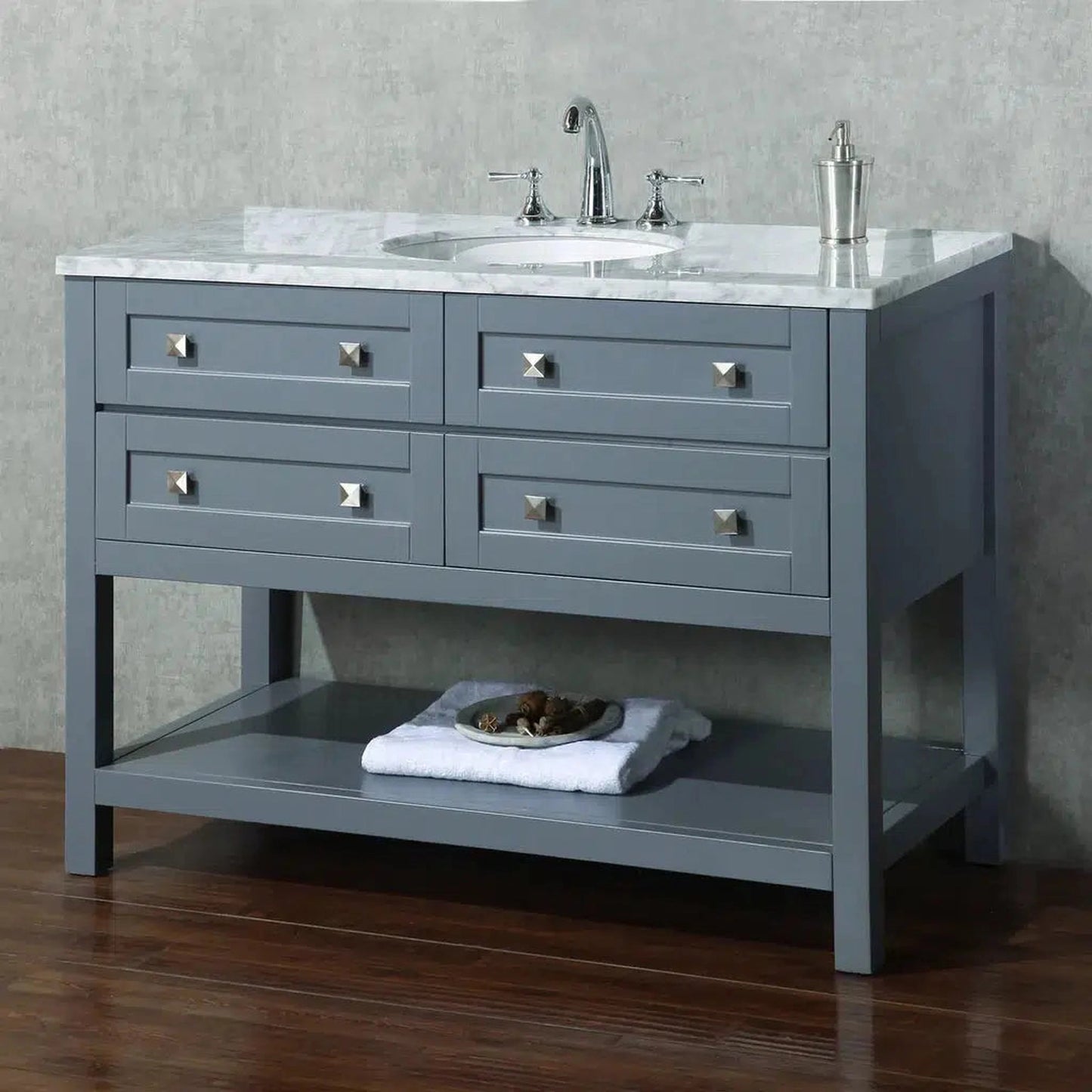 Stufurhome Marla 48" Grey Freestanding Bathroom Vanity With Oval Single Sink, Carrara White Marble Top, 4 Functional Drawers and Widespread Faucet Holes