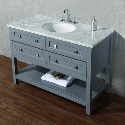 Stufurhome Marla 48" Grey Freestanding Bathroom Vanity With Oval Single Sink, Carrara White Marble Top, 4 Functional Drawers and Widespread Faucet Holes