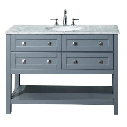 Stufurhome Marla 48" Grey Freestanding Bathroom Vanity With Oval Single Sink, Carrara White Marble Top, 4 Functional Drawers and Widespread Faucet Holes