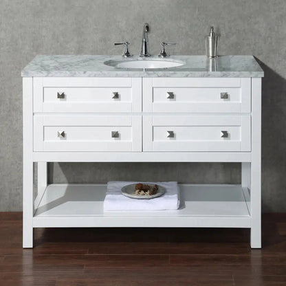 Stufurhome Marla 48" White Freestanding Bathroom Vanity With Oval Single Sink, Carrara White Marble Top, 4 Functional Drawers and Widespread Faucet Holes