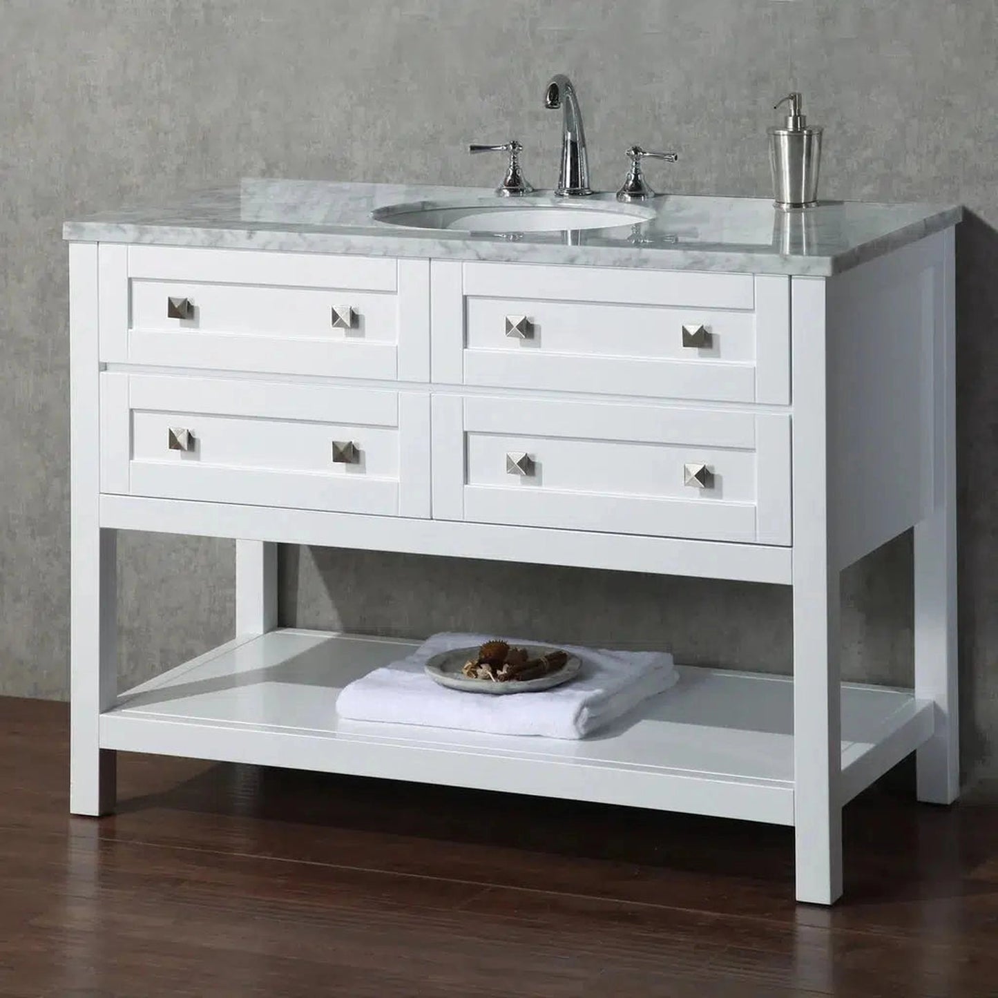 Stufurhome Marla 48" White Freestanding Bathroom Vanity With Oval Single Sink, Carrara White Marble Top, 4 Functional Drawers and Widespread Faucet Holes