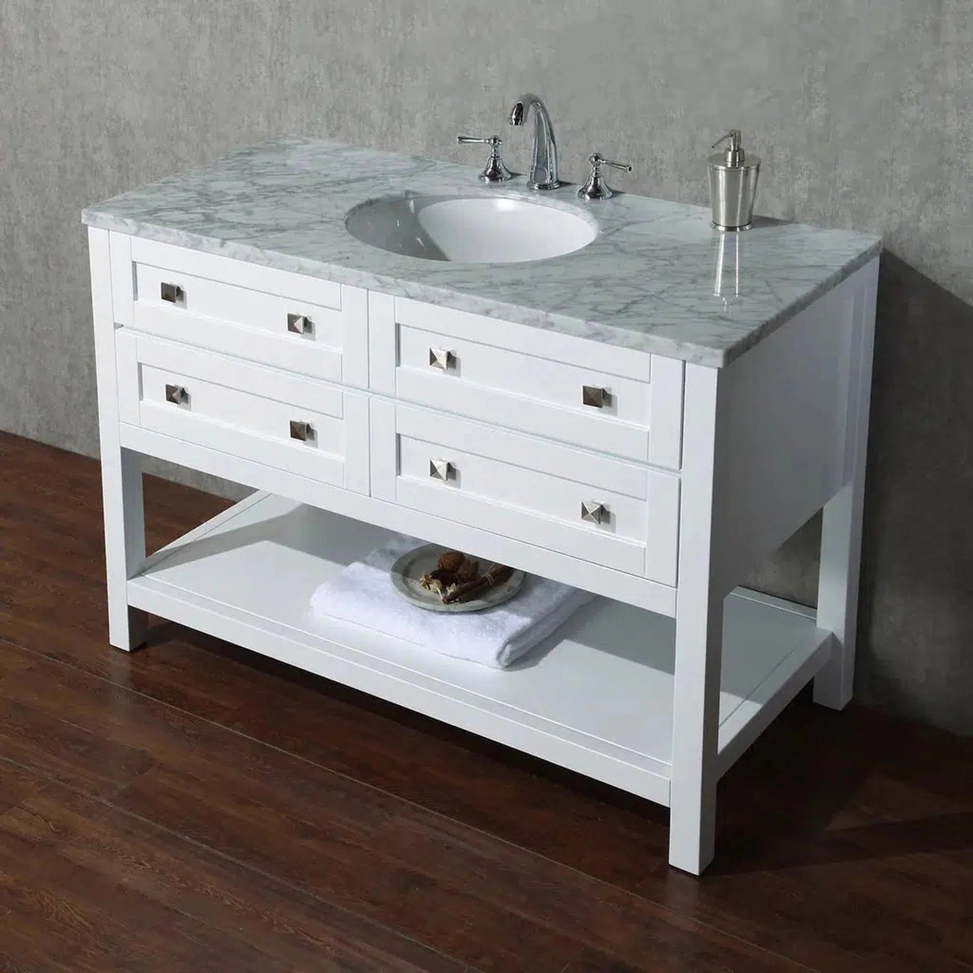 Stufurhome Marla 48" White Freestanding Bathroom Vanity With Oval Single Sink, Carrara White Marble Top, 4 Functional Drawers and Widespread Faucet Holes