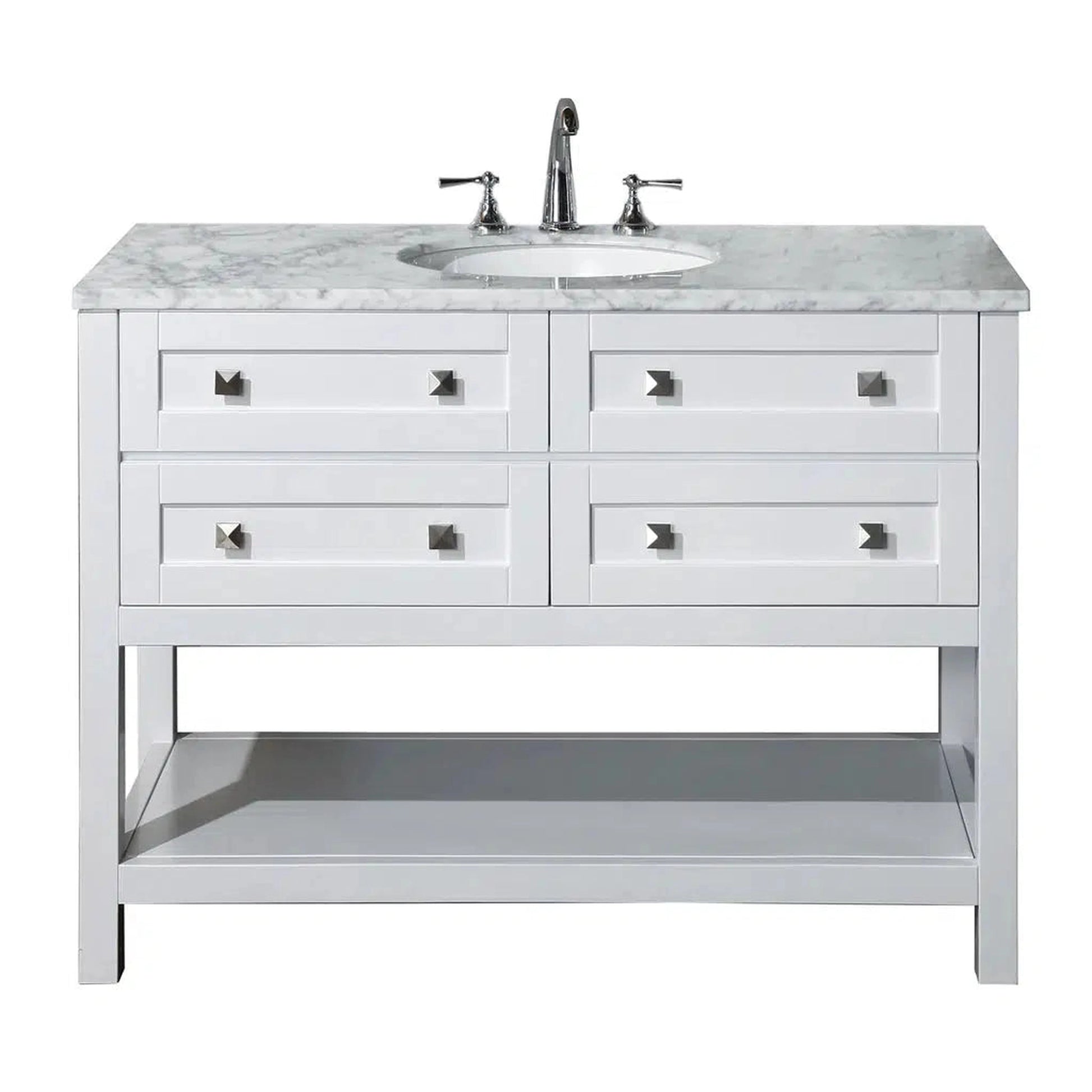 Stufurhome Marla 48" White Freestanding Bathroom Vanity With Oval Single Sink, Carrara White Marble Top, 4 Functional Drawers and Widespread Faucet Holes