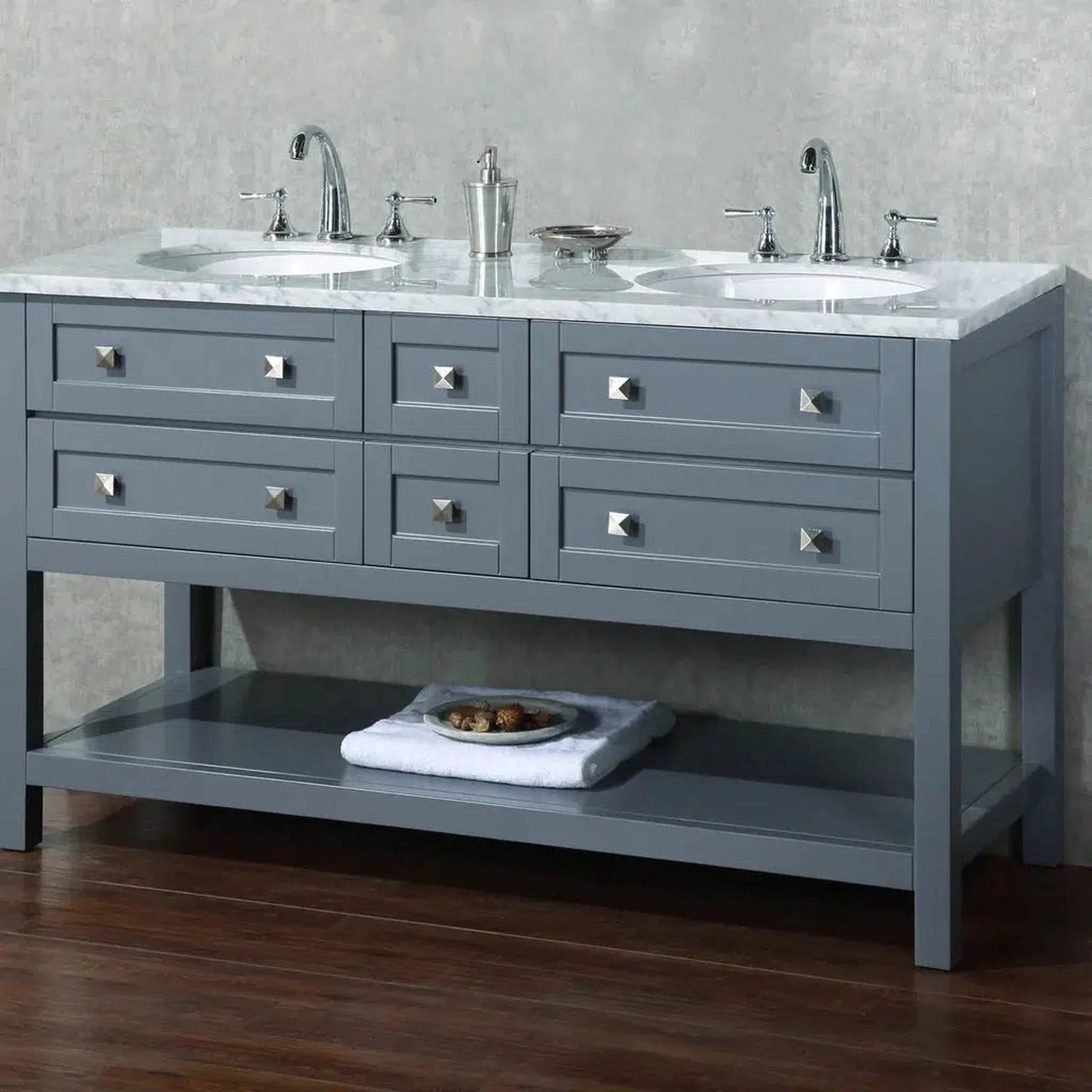 Stufurhome Marla 60" Grey Freestanding Bathroom Vanity With Oval Dual Sinks, Carrara White Marble Top, 6 Functional Drawers and Widespread Faucet Holes
