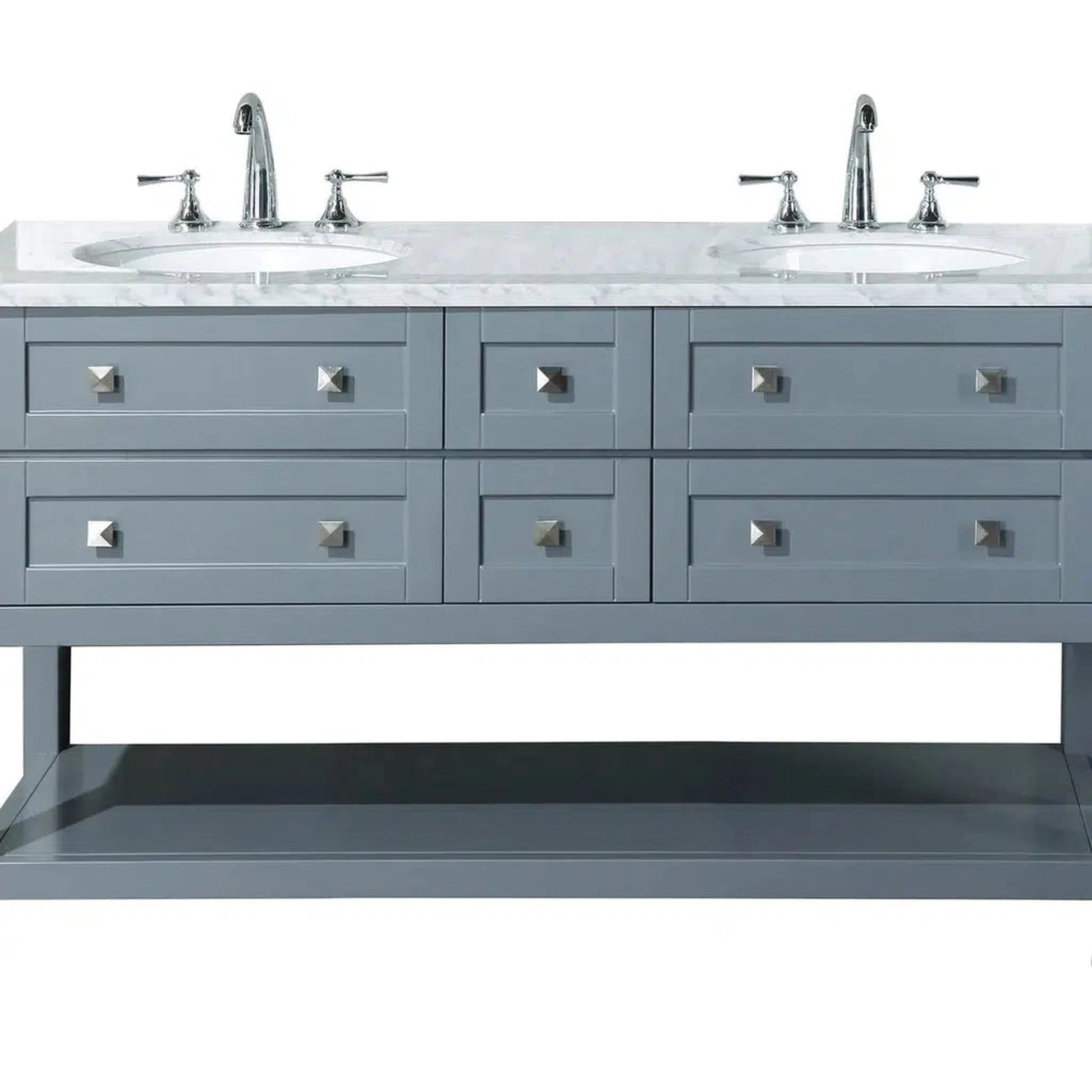 Stufurhome Marla 60" Grey Freestanding Bathroom Vanity With Oval Dual Sinks, Carrara White Marble Top, 6 Functional Drawers and Widespread Faucet Holes