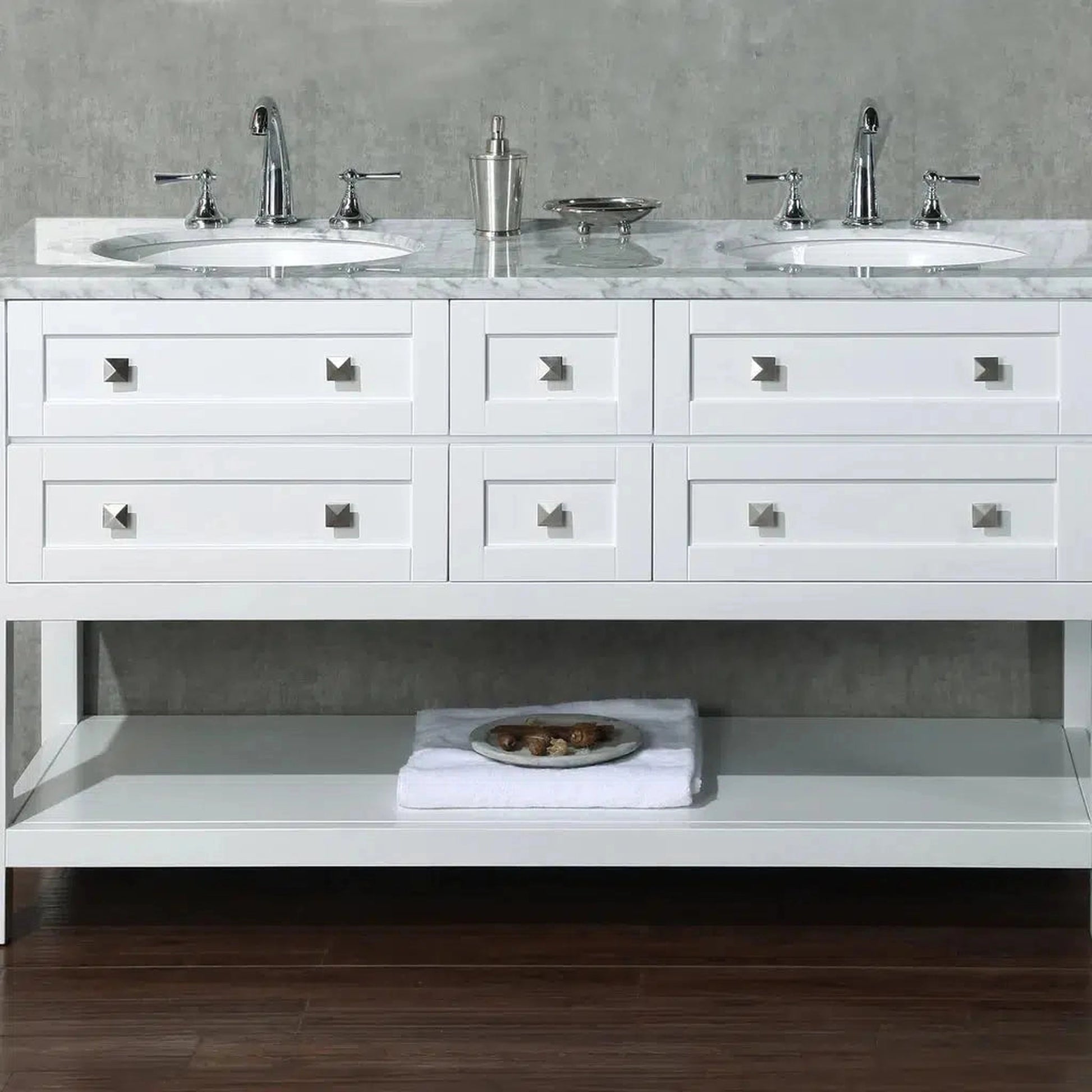 Stufurhome Marla 60" White Freestanding Bathroom Vanity With Oval Double Sinks, Carrara White Marble Top, 6 Functional Drawers and Widespread Faucet Holes