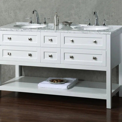 Stufurhome Marla 60" White Freestanding Bathroom Vanity With Oval Double Sinks, Carrara White Marble Top, 6 Functional Drawers and Widespread Faucet Holes