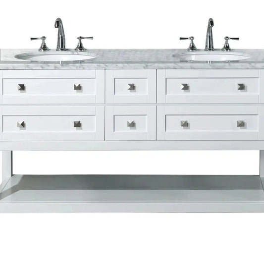 Stufurhome Marla 60" White Freestanding Bathroom Vanity With Oval Double Sinks, Carrara White Marble Top, 6 Functional Drawers and Widespread Faucet Holes
