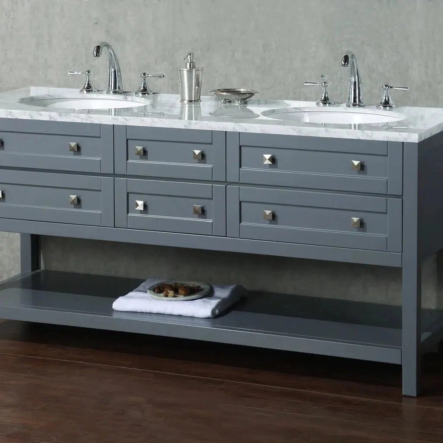 Stufurhome Marla 72" Grey Freestanding Bathroom Vanity With Oval Dual Sinks, Carrara White Marble Top, 6 Functional Drawers and Widespread Faucet Holes