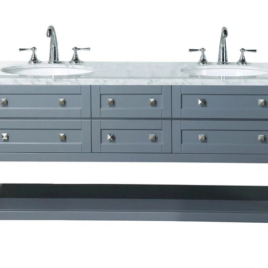 Stufurhome Marla 72" Grey Freestanding Bathroom Vanity With Oval Dual Sinks, Carrara White Marble Top, 6 Functional Drawers and Widespread Faucet Holes