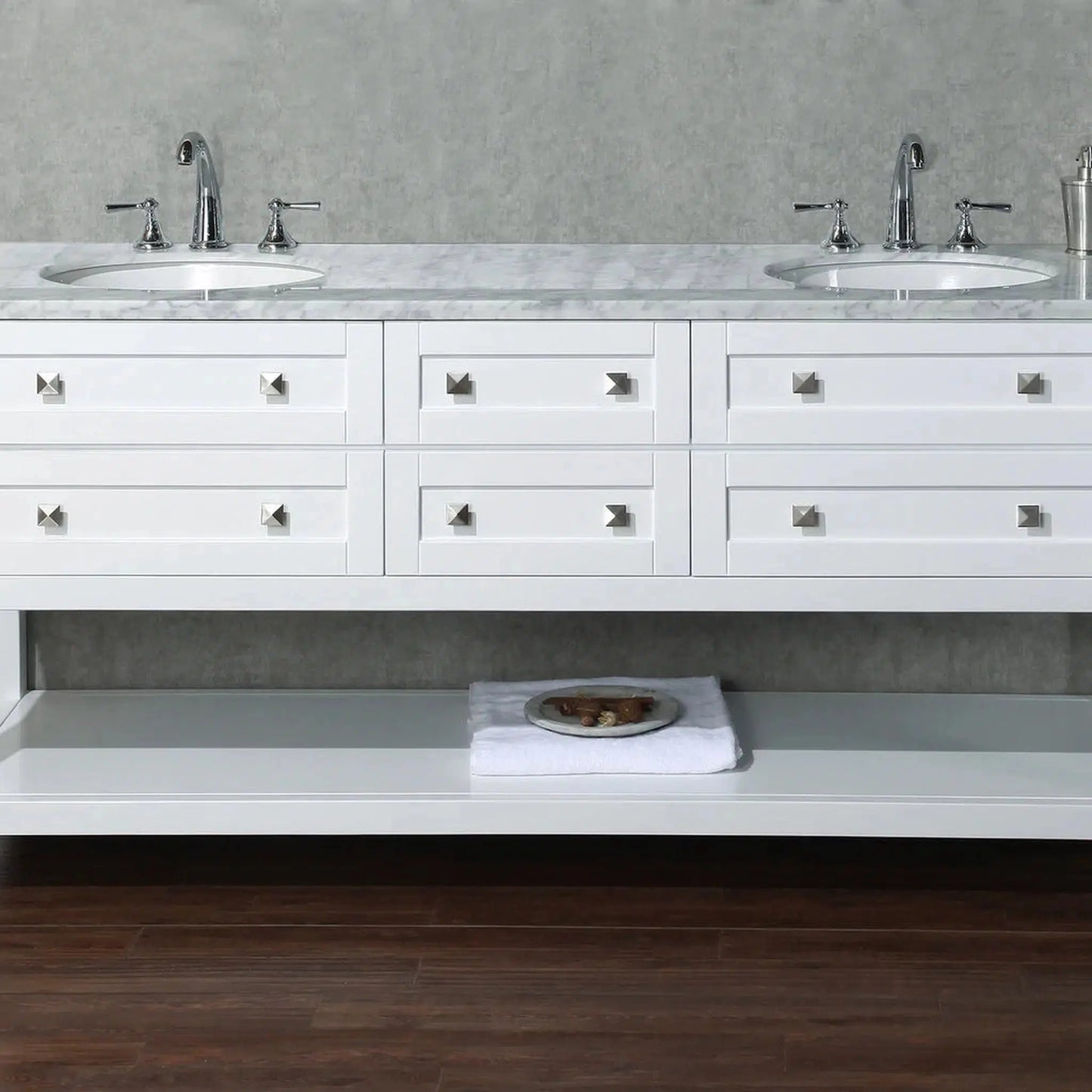 Stufurhome Marla 72" White Freestanding Bathroom Vanity With Oval Double Sinks, Carrara White Marble Top, 6 Functional Drawers and Widespread Faucet Holes