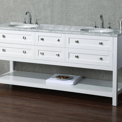 Stufurhome Marla 72" White Freestanding Bathroom Vanity With Oval Double Sinks, Carrara White Marble Top, 6 Functional Drawers and Widespread Faucet Holes