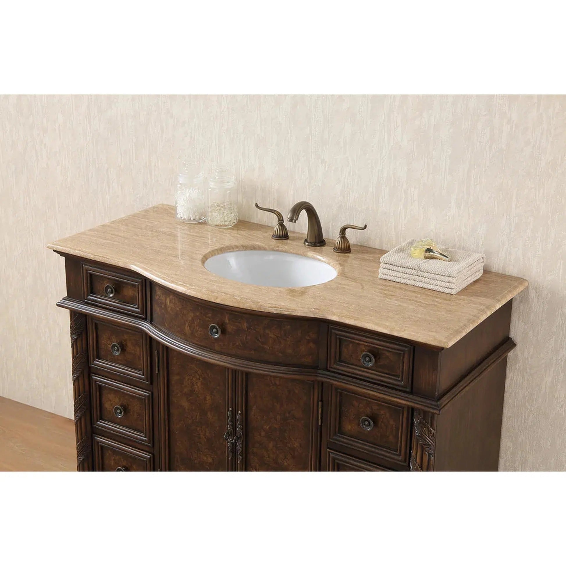 Stufurhome Reginald 48" English Espresso 9-Drawer 2-Door Freestanding Bathroom Vanity With Oval Single Sink, Travertine Marble Countertop and Widespread Faucet Holes