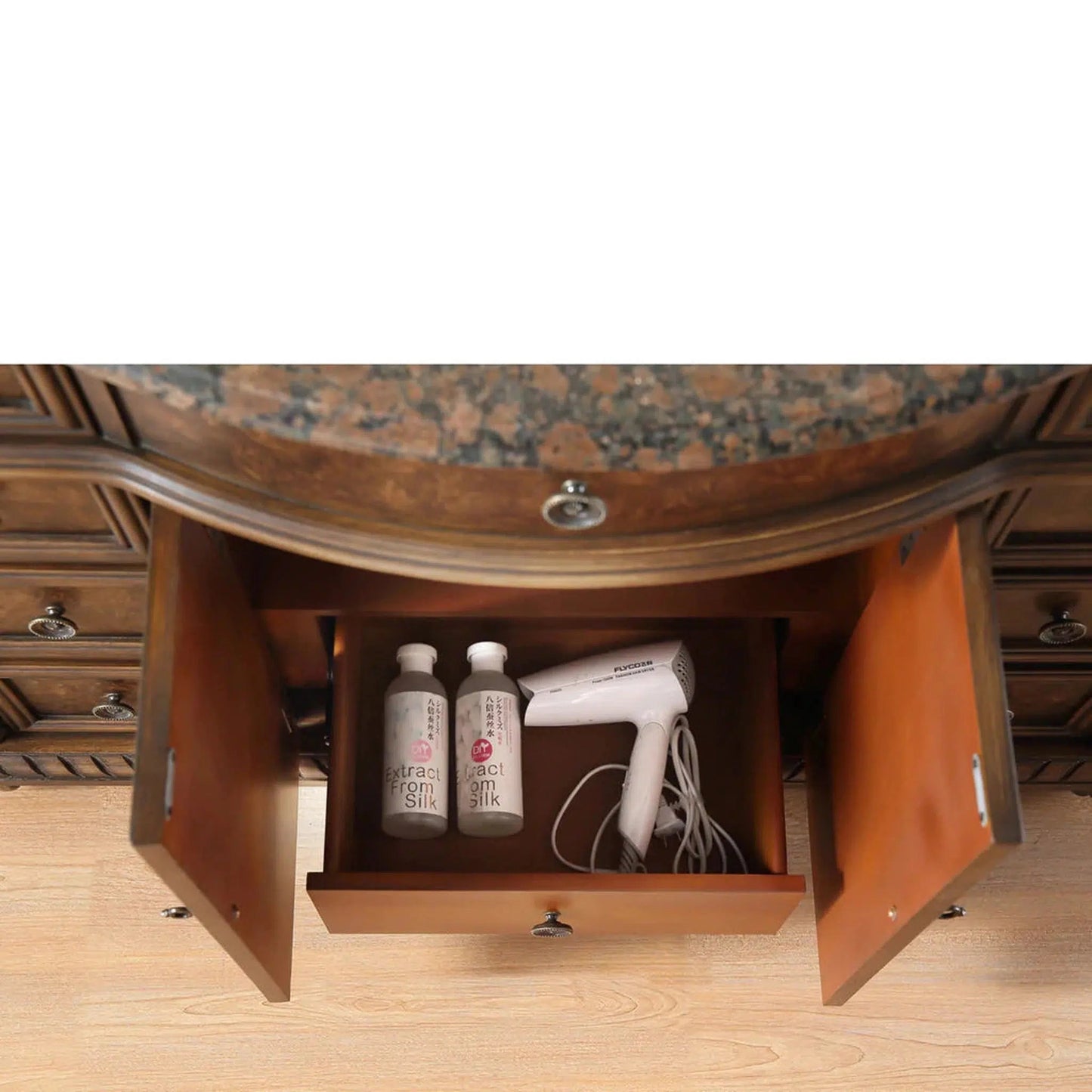 Stufurhome Reginald 48" English Espresso Freestanding Bathroom Vanity With Oval Single Sink, Baltic Brown Granite Countertop, 9 Drawers, 2 Doors and Widespread Faucet Holes