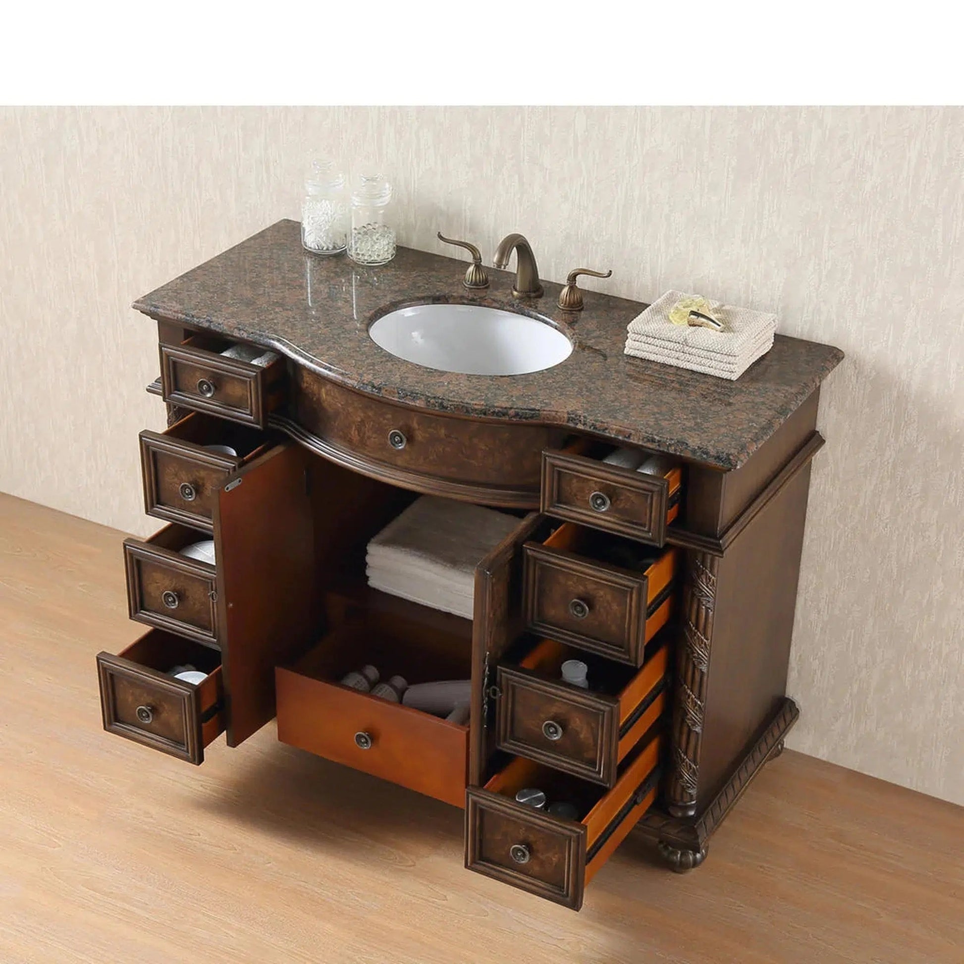 Stufurhome Reginald 48" English Espresso Freestanding Bathroom Vanity With Oval Single Sink, Baltic Brown Granite Countertop, 9 Drawers, 2 Doors and Widespread Faucet Holes