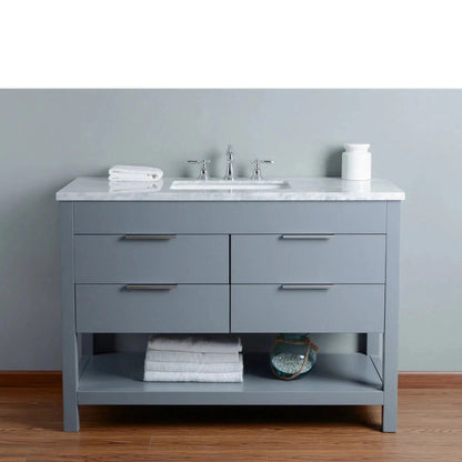 Stufurhome Rochester 48" Grey Bathroom Vanity with White Marble Countertop, Rectangular Single Sink, 4 Drawers and Widespread Faucet Holes