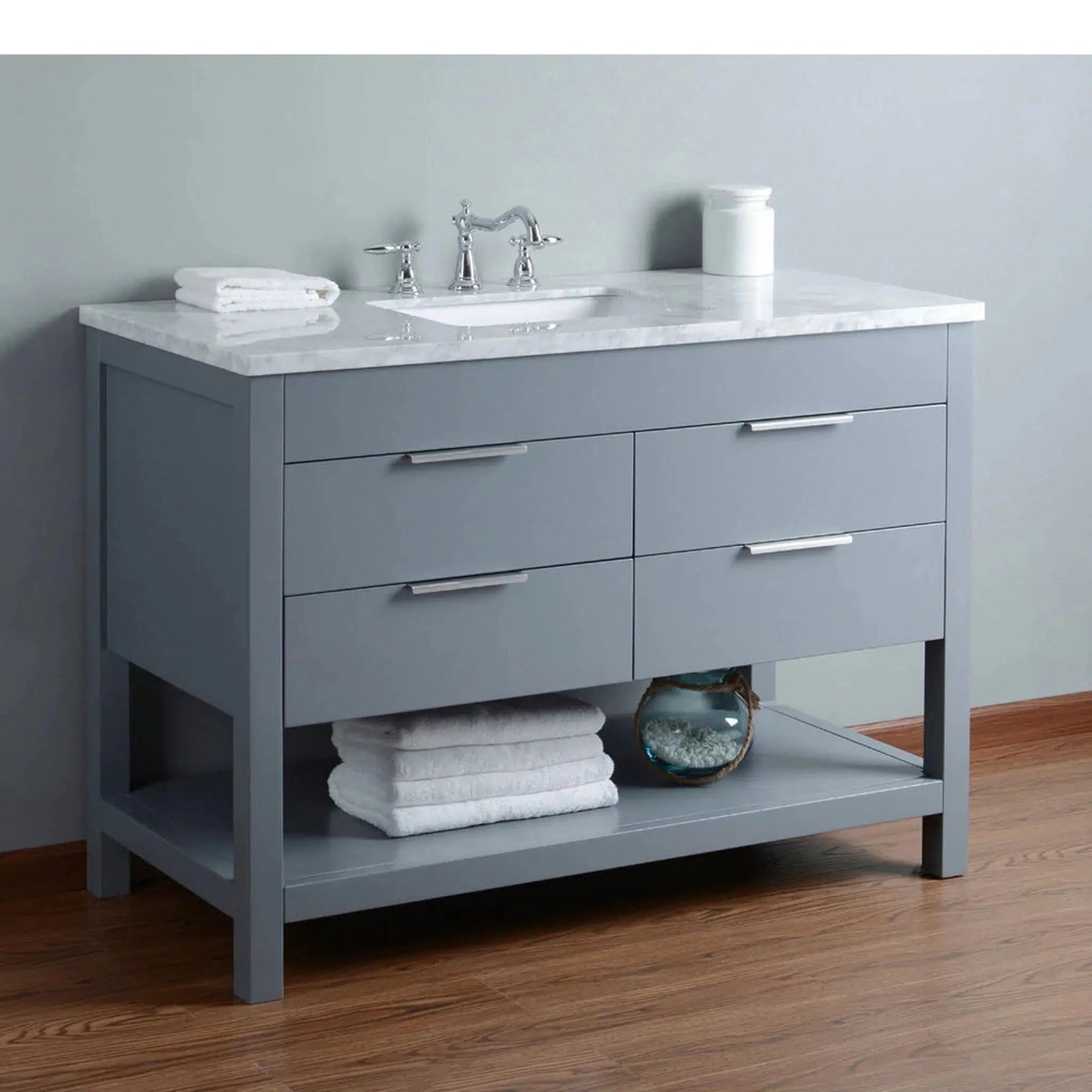 Stufurhome Rochester 48" Grey Bathroom Vanity with White Marble Countertop, Rectangular Single Sink, 4 Drawers and Widespread Faucet Holes