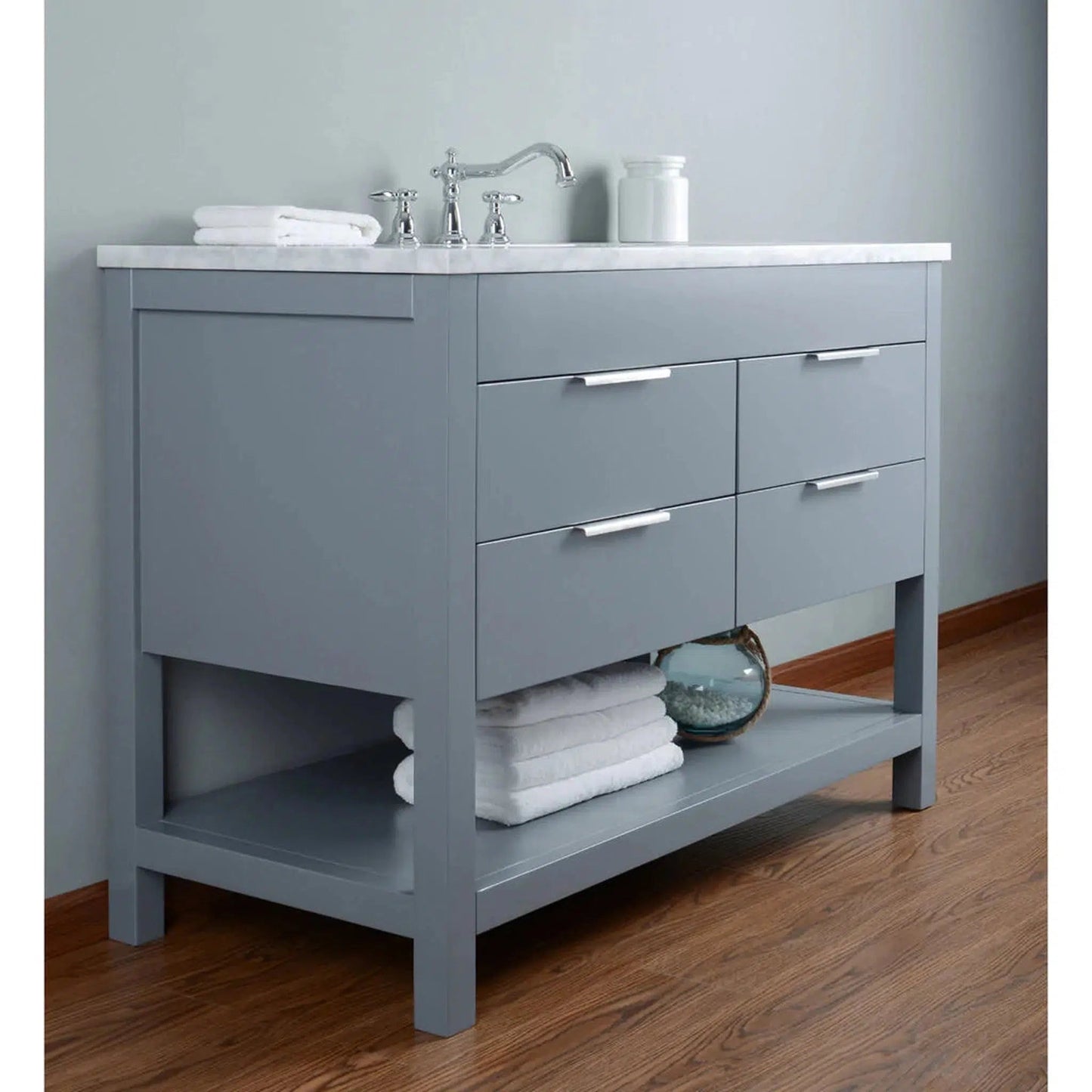 Stufurhome Rochester 48" Grey Bathroom Vanity with White Marble Countertop, Rectangular Single Sink, 4 Drawers and Widespread Faucet Holes