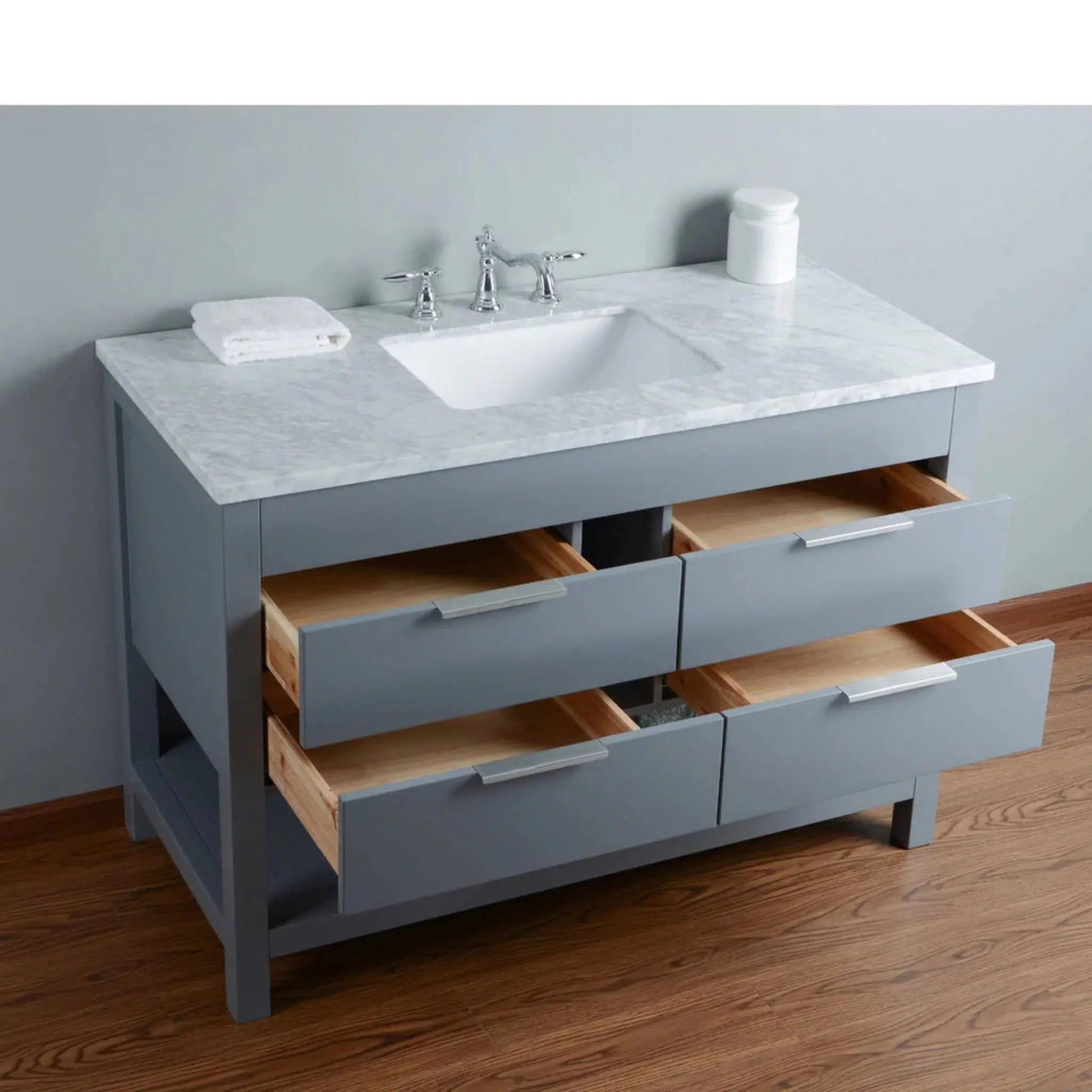 Stufurhome Rochester 48" Grey Bathroom Vanity with White Marble Countertop, Rectangular Single Sink, 4 Drawers and Widespread Faucet Holes