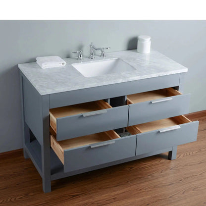 Stufurhome Rochester 48" Grey Bathroom Vanity with White Marble Countertop, Rectangular Single Sink, 4 Drawers and Widespread Faucet Holes