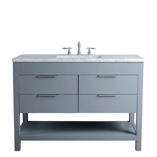 Stufurhome Rochester 48" Grey Bathroom Vanity with White Marble Countertop, Rectangular Single Sink, 4 Drawers and Widespread Faucet Holes