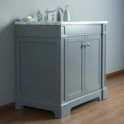 Stufurhome Seine 36" Grey Freestanding Bathroom Vanity with Single Sink, White Carrara Countertop, 1 Drawer, 2 Doors and Widespread Faucet Holes
