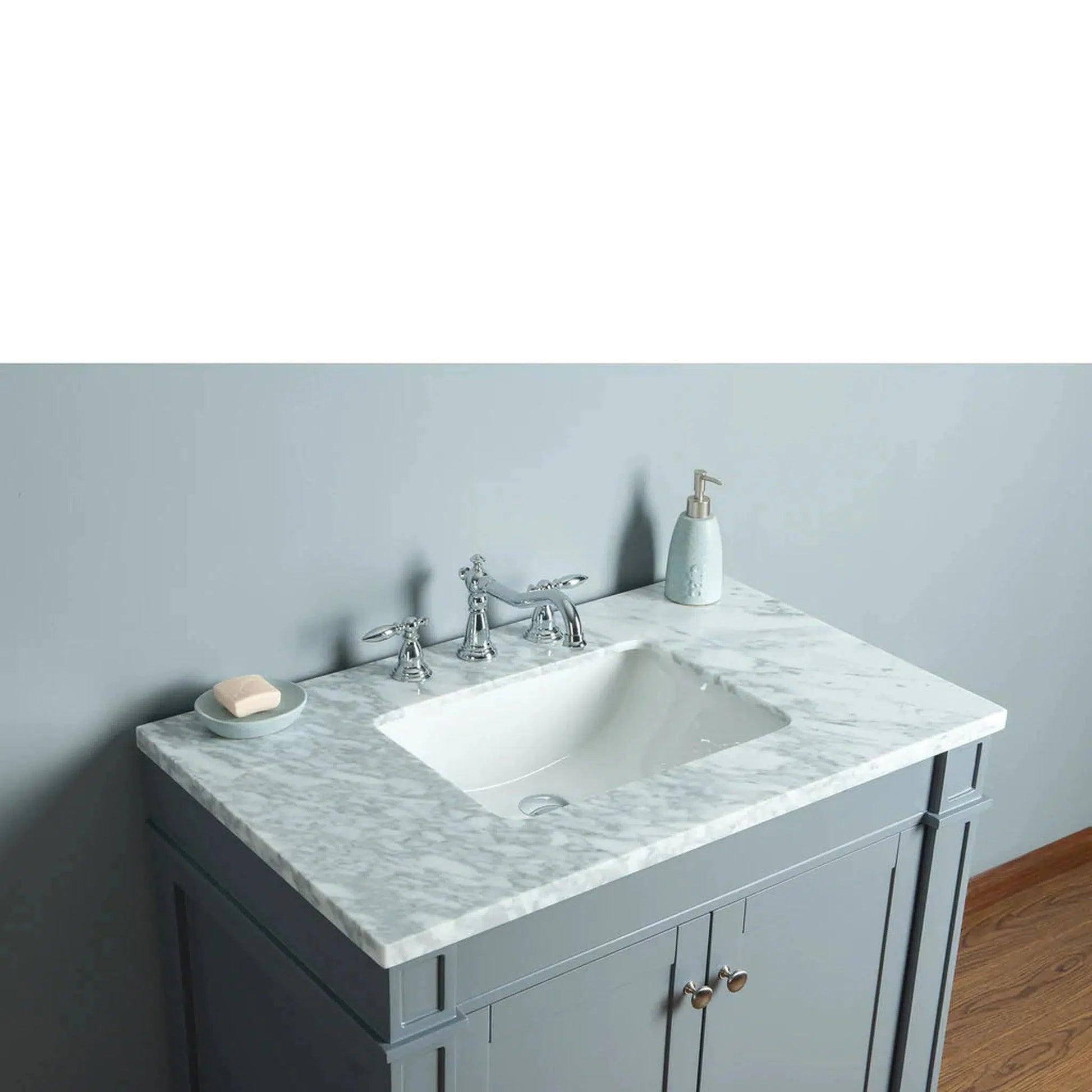 Stufurhome Seine 36" Grey Freestanding Bathroom Vanity with Single Sink, White Carrara Countertop, 1 Drawer, 2 Doors and Widespread Faucet Holes