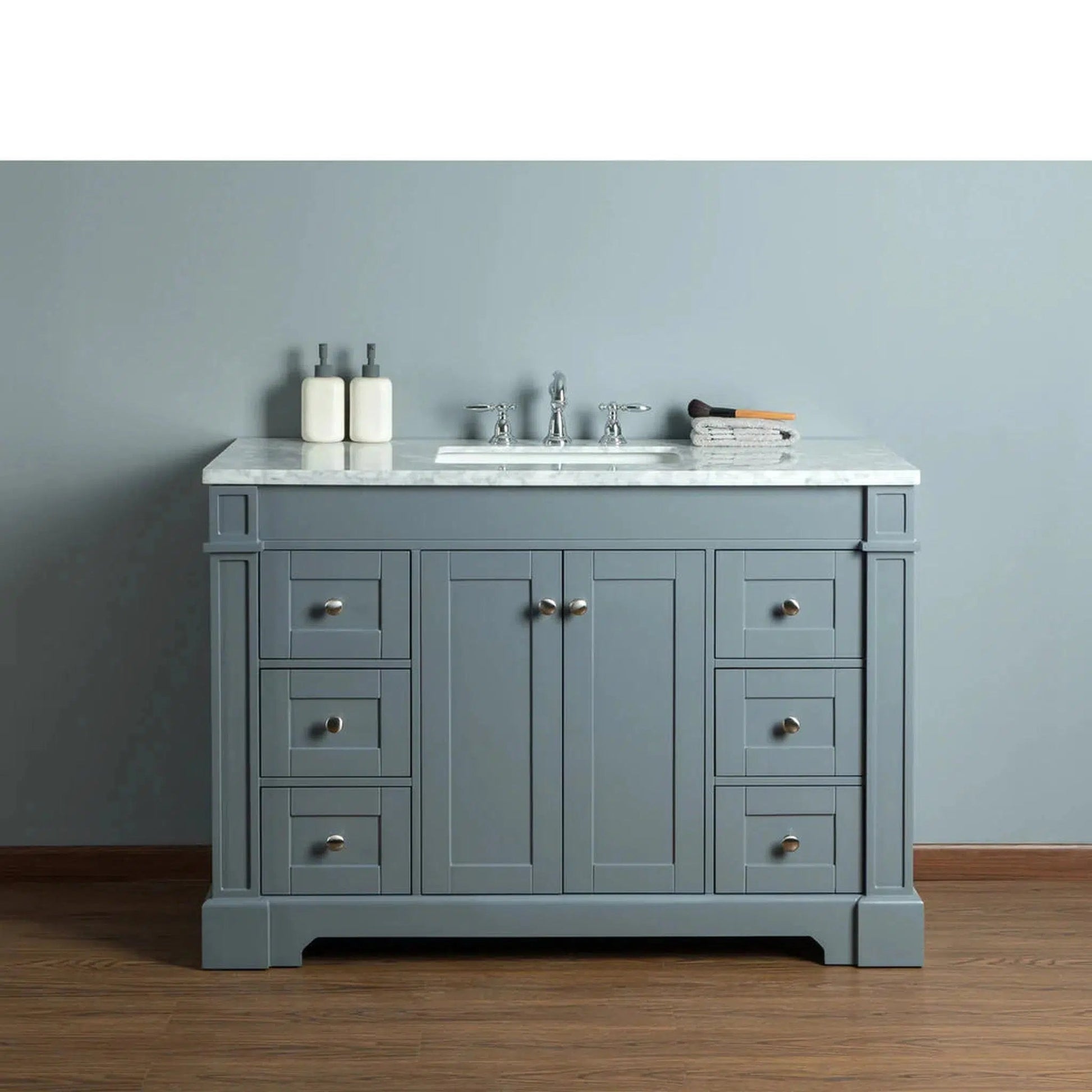 Stufurhome Seine 48" Grey Freestanding Bathroom Vanity With Rectangular Single Sink, White Carrara Countertop, 6 Drawers, 2 Doors and Widespread Faucet Holes