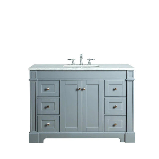 Stufurhome Seine 48" Grey Freestanding Bathroom Vanity With Rectangular Single Sink, White Carrara Countertop, 6 Drawers, 2 Doors and Widespread Faucet Holes