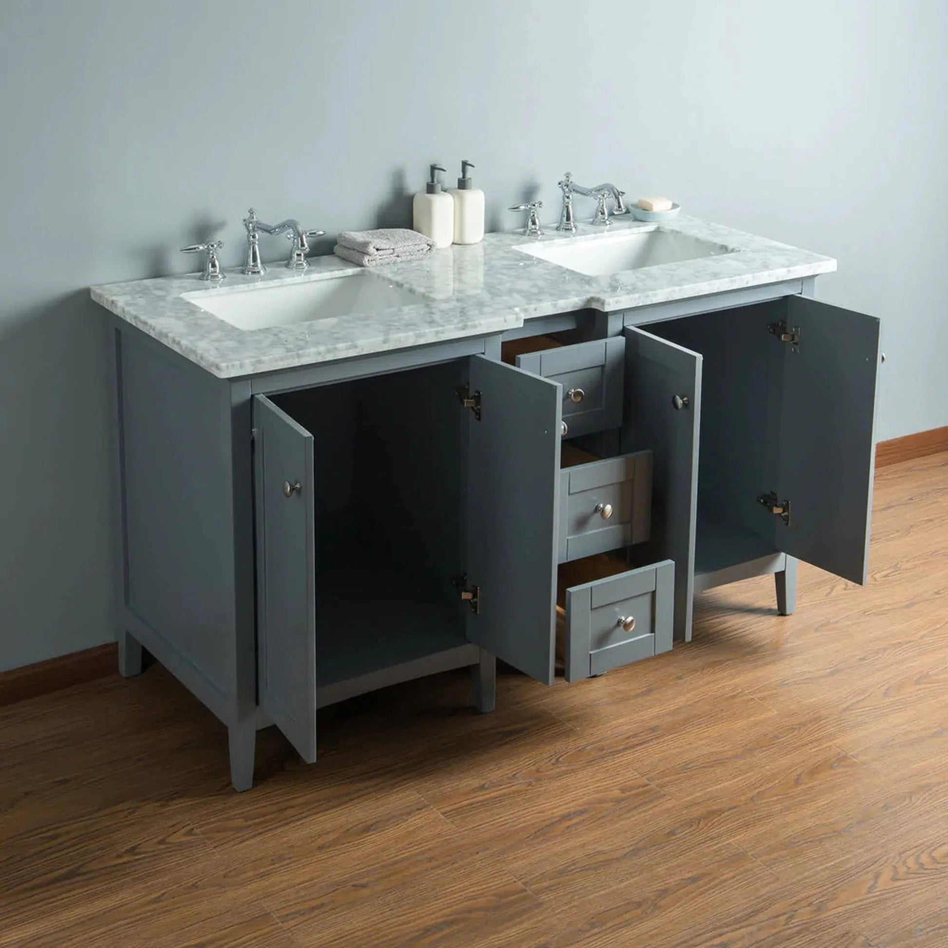 Stufurhome Tower Modern 60" Grey Freestanding Bathroom Vanity With Rectangle Double Sinks, White Carrara Top, 3 Drawers, 4 Doors and Widespread Faucet Holes