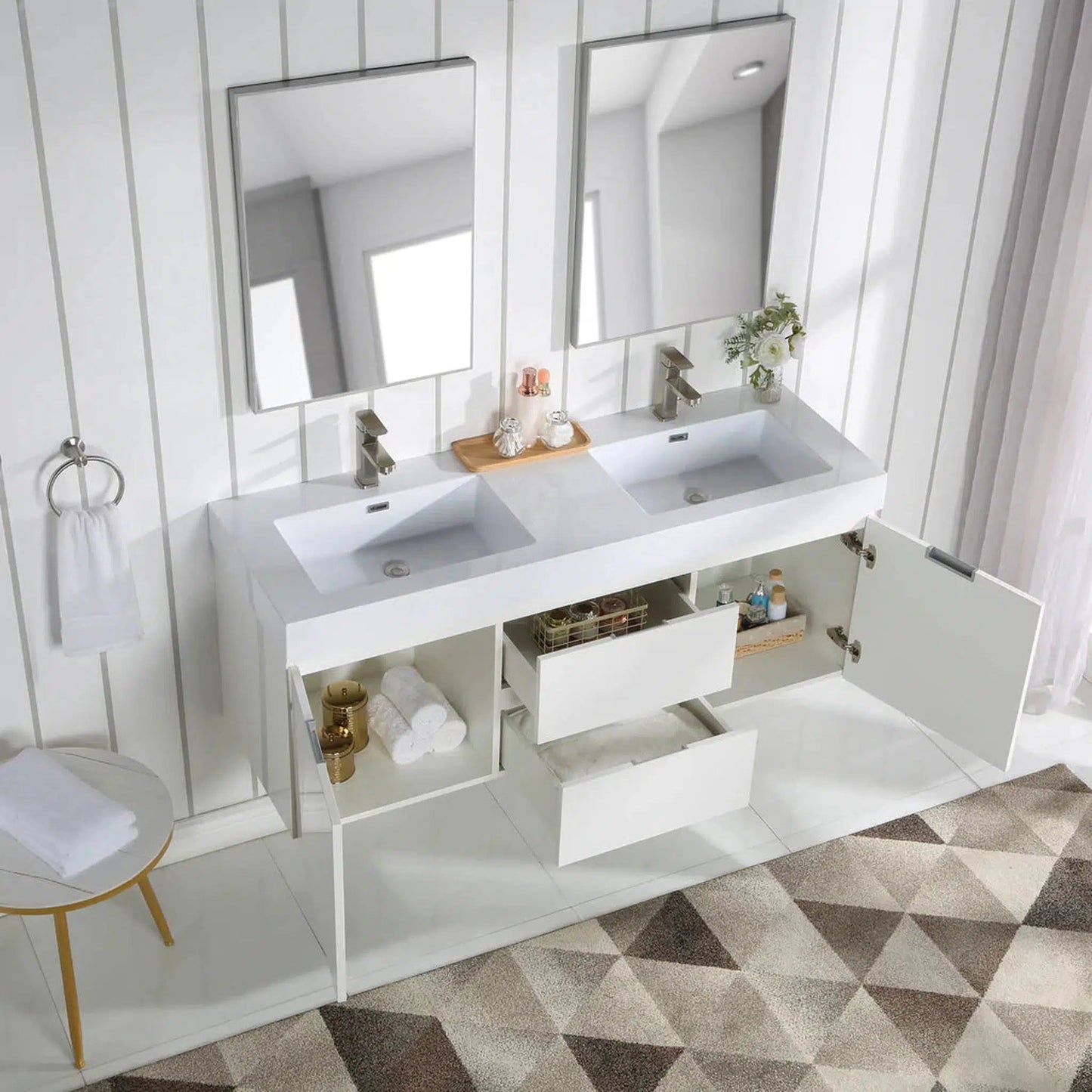 Stufurhome Valeria 59" Gloss White Wall-Mounted Double Sink Bathroom Vanity with Rectangular Double Resin Sinks, 2 Drawers, 2 Doors and 2 Pre-Drilled Faucet Holes