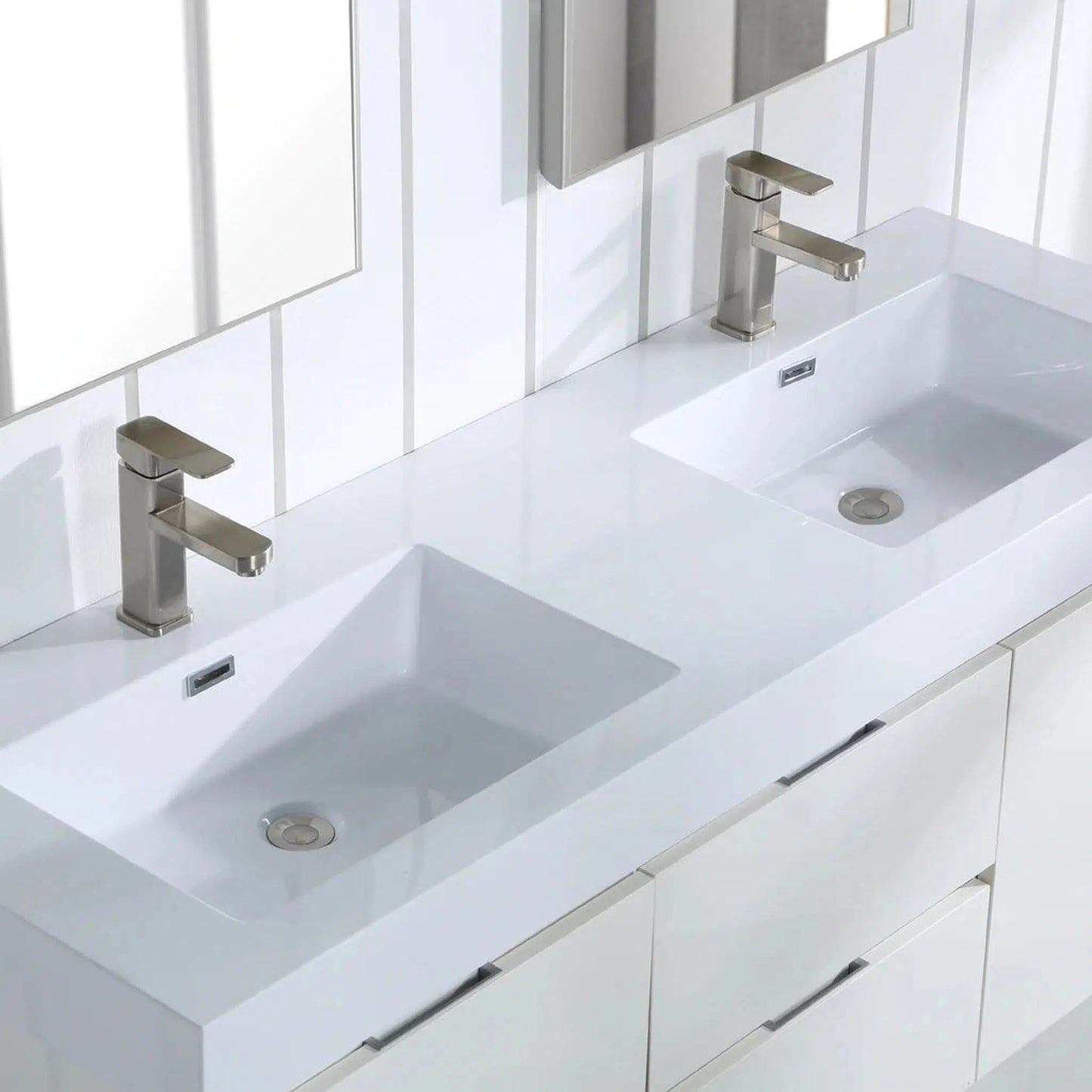 Stufurhome Valeria 59" Gloss White Wall-Mounted Double Sink Bathroom Vanity with Rectangular Double Resin Sinks, 2 Drawers, 2 Doors and 2 Pre-Drilled Faucet Holes