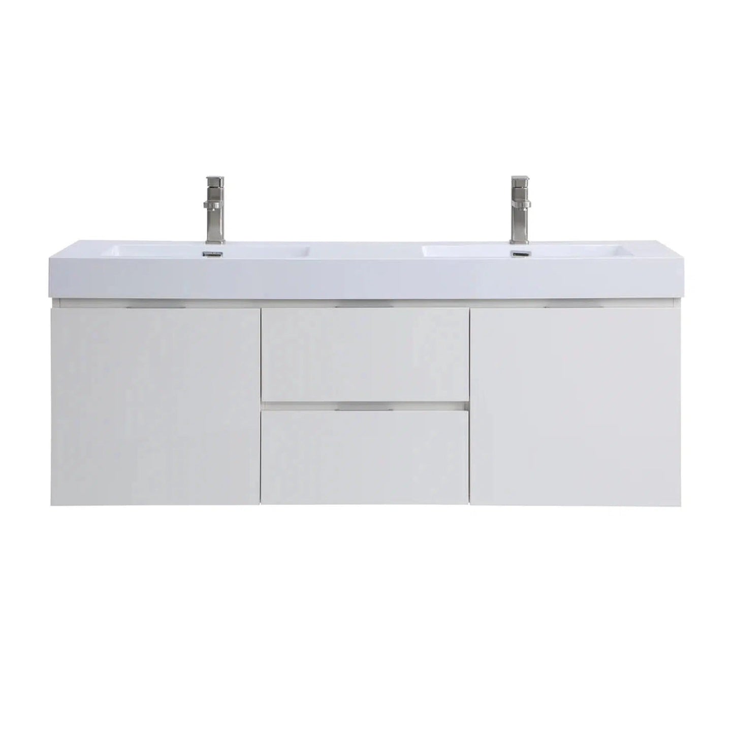 Stufurhome Valeria 59" Gloss White Wall-Mounted Double Sink Bathroom Vanity with Rectangular Double Resin Sinks, 2 Drawers, 2 Doors and 2 Pre-Drilled Faucet Holes