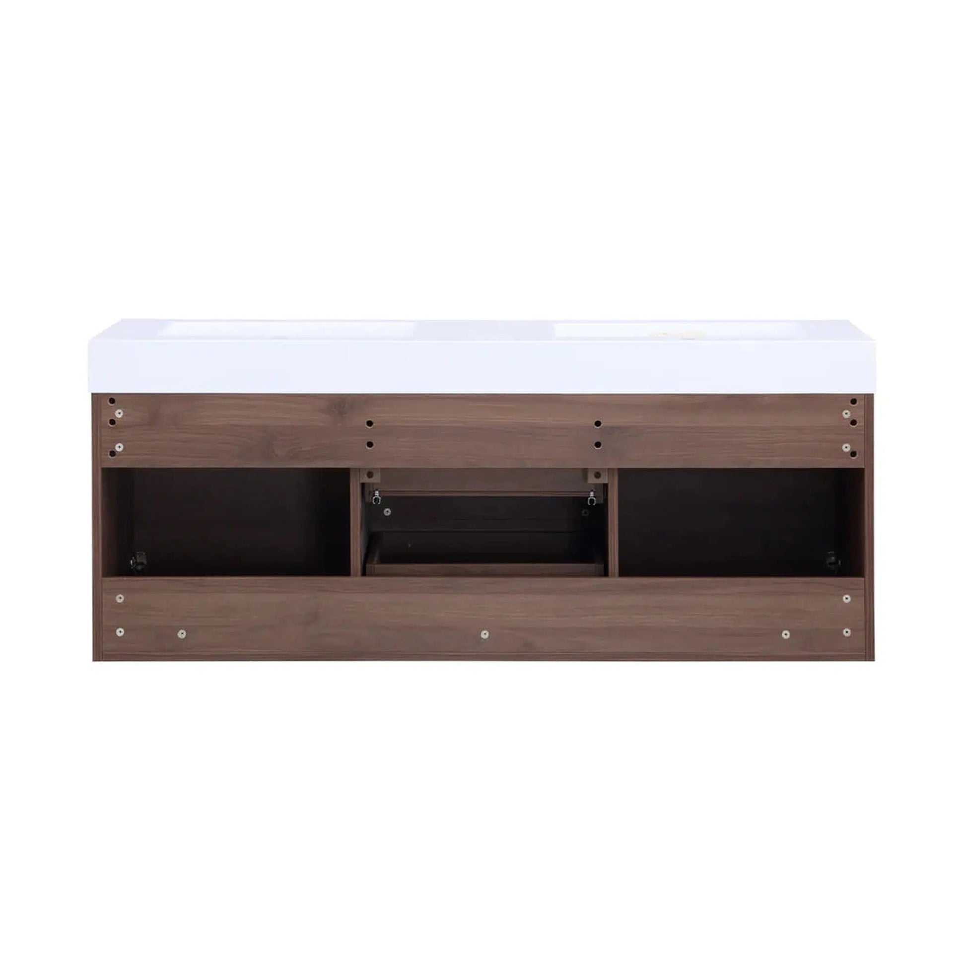 Stufurhome Valeria 59" Walnut Wall-Mounted Double Sink Bathroom Vanity with Rectangular Double Resin Sinks, 2 Drawers, 2 Doors and 2 Pre-Drilled Faucet Holes