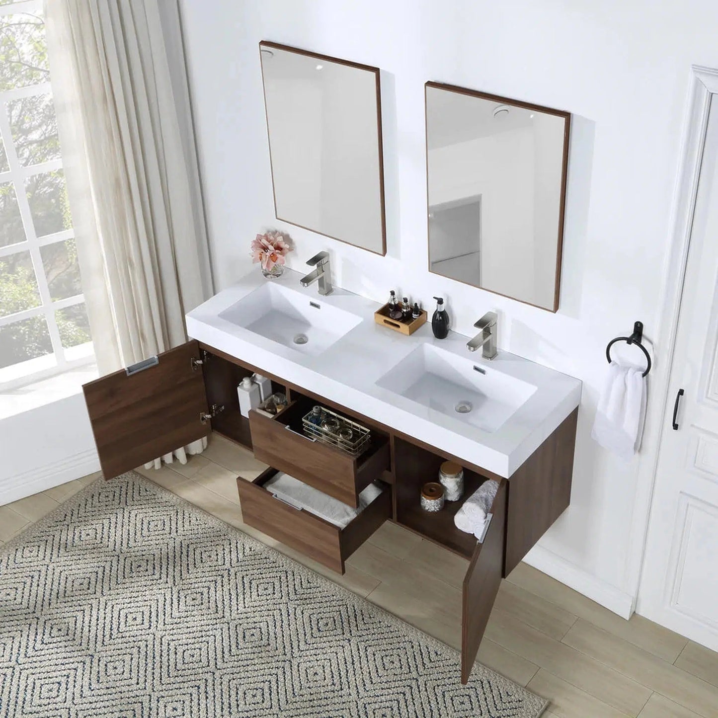 Stufurhome Valeria 59" Walnut Wall-Mounted Double Sink Bathroom Vanity with Rectangular Double Resin Sinks, 2 Drawers, 2 Doors and 2 Pre-Drilled Faucet Holes