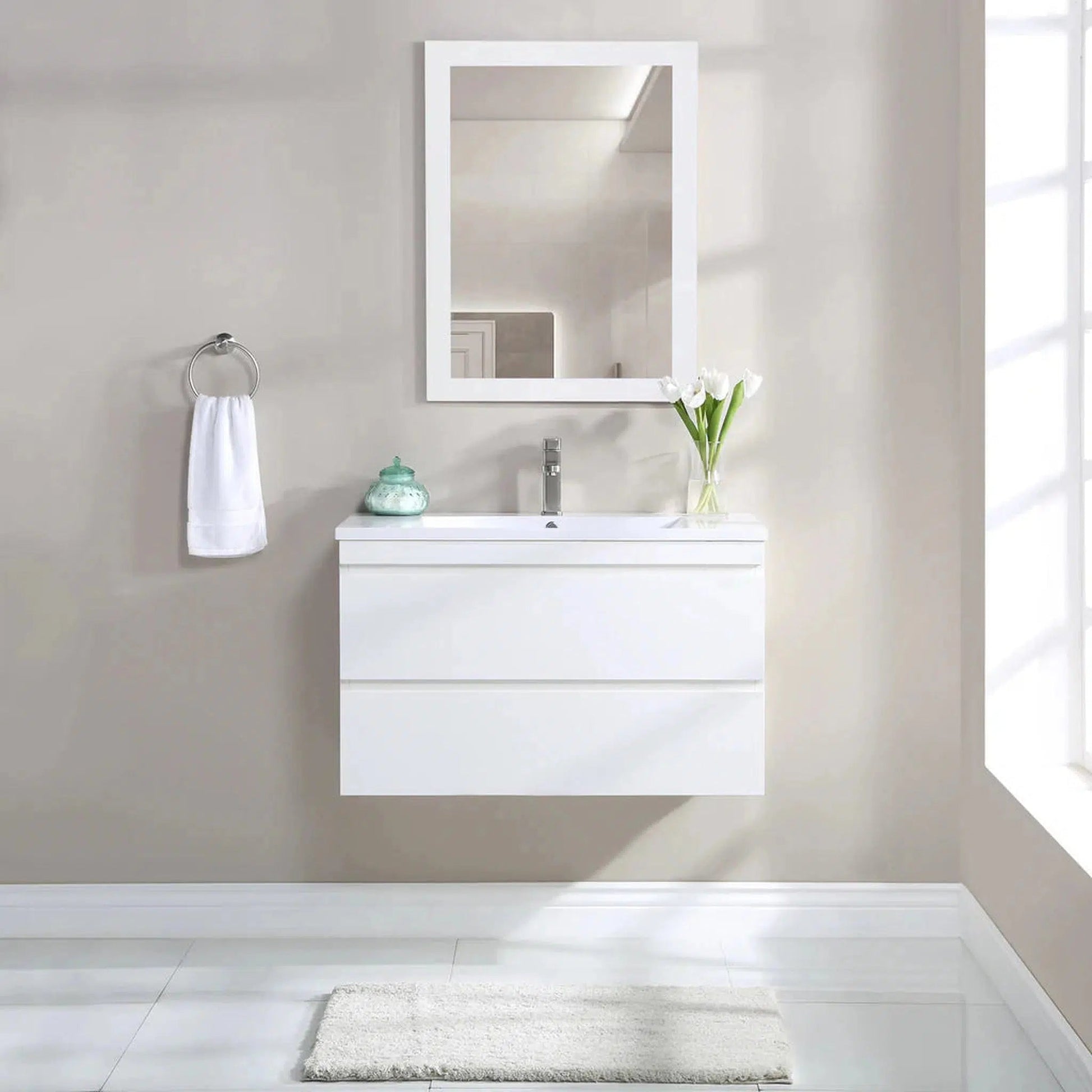 Stufurhome Vivian 36" Gloss White Wall-Mounted Resin Single Sink Bathroom Vanity with 2 Slow Close Drawers and One Pre-Drilled Faucet Hole