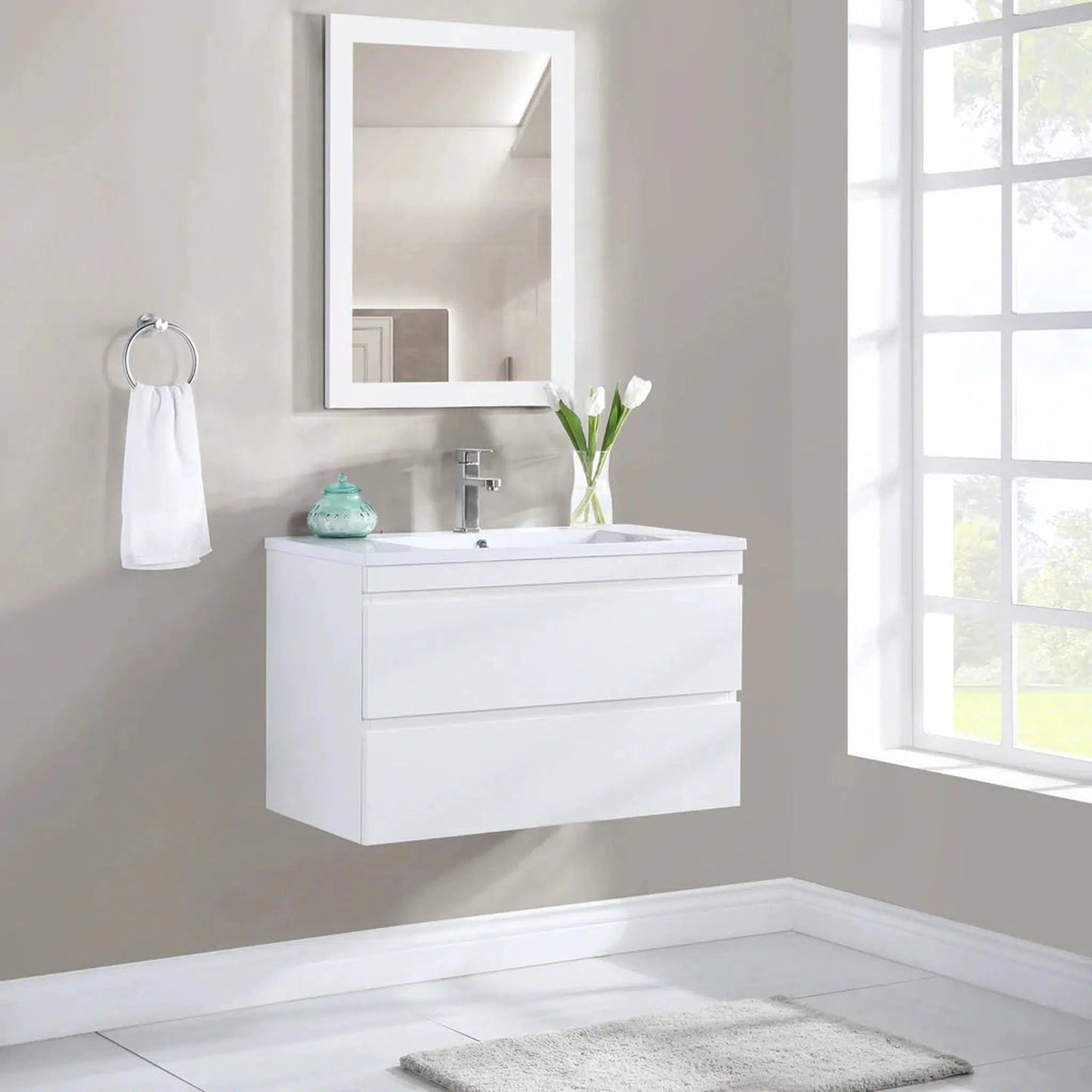 Stufurhome Vivian 36" Gloss White Wall-Mounted Resin Single Sink Bathroom Vanity with 2 Slow Close Drawers and One Pre-Drilled Faucet Hole