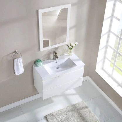 Stufurhome Vivian 36" Gloss White Wall-Mounted Resin Single Sink Bathroom Vanity with 2 Slow Close Drawers and One Pre-Drilled Faucet Hole