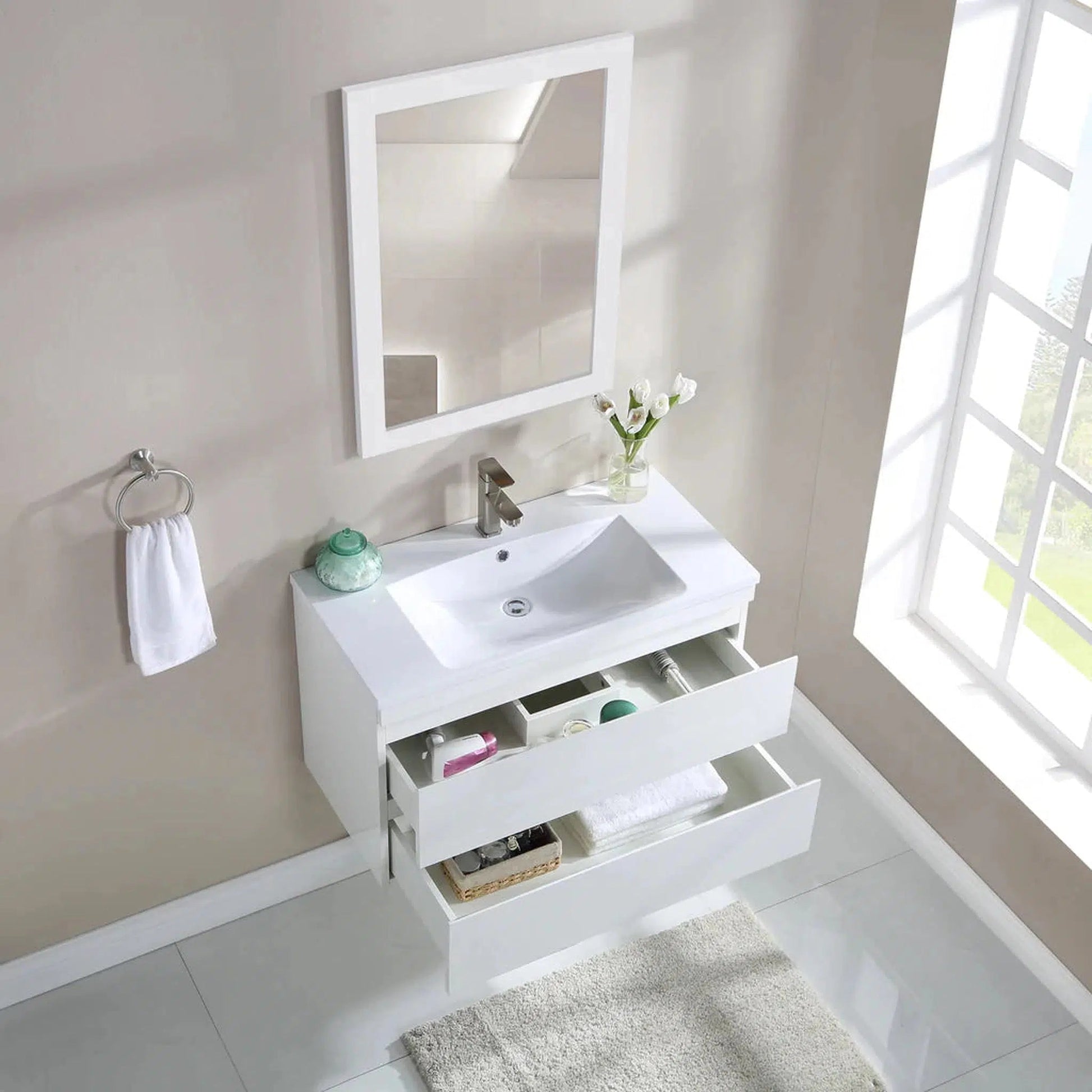 Stufurhome Vivian 36" Gloss White Wall-Mounted Resin Single Sink Bathroom Vanity with 2 Slow Close Drawers and One Pre-Drilled Faucet Hole