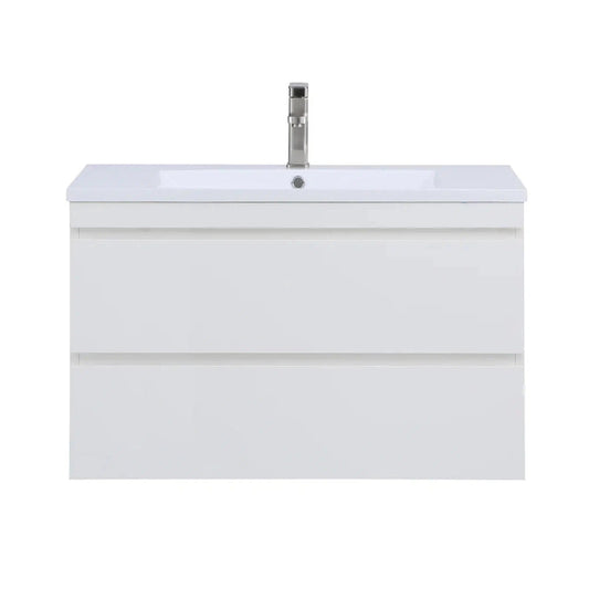 Stufurhome Vivian 36" Gloss White Wall-Mounted Resin Single Sink Bathroom Vanity with 2 Slow Close Drawers and One Pre-Drilled Faucet Hole