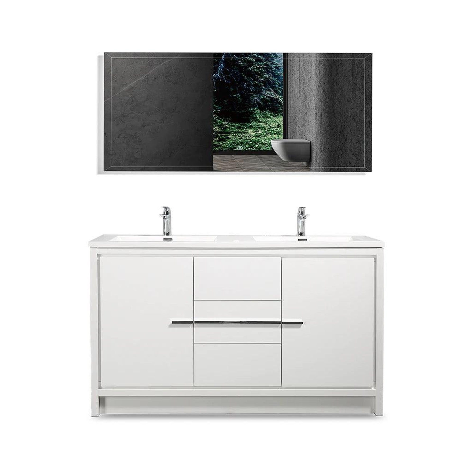 TONA Allier 60" White Freestanding Bathroom Vanity with Faux Marble Integrated Top & Double Sink