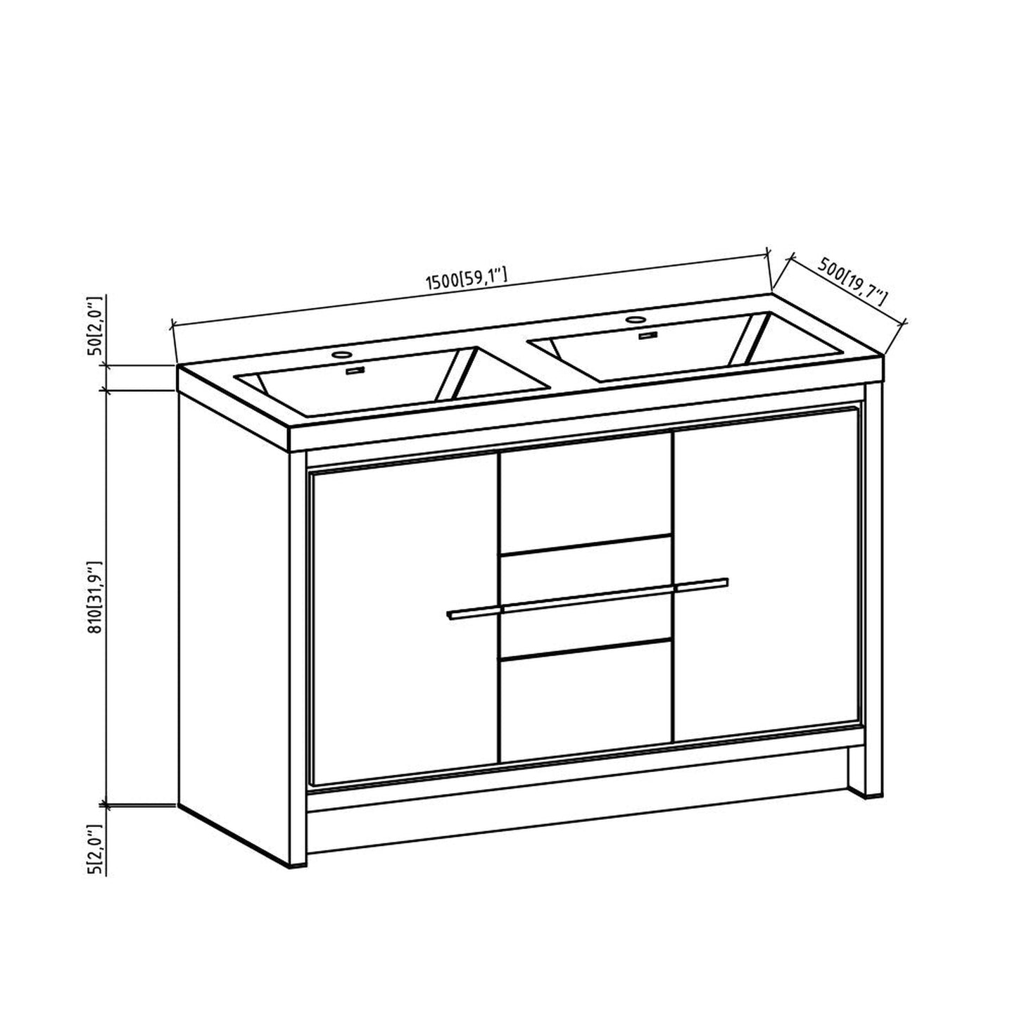 TONA Allier 60" White Freestanding Bathroom Vanity with Faux Marble Integrated Top & Double Sink