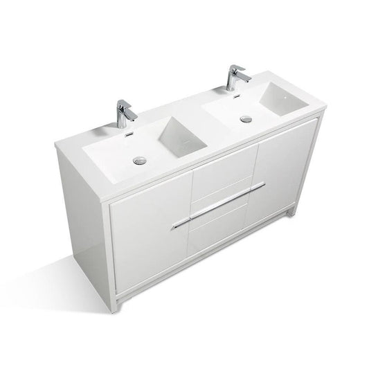 TONA Allier 60" White Freestanding Bathroom Vanity with Faux Marble Integrated Top & Double Sink