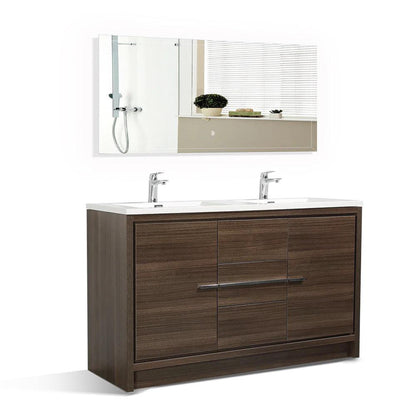 TONA Allier 60" White & Gray Oak Freestanding Bathroom Vanity with Faux Marble Integrated Top & Double Sink