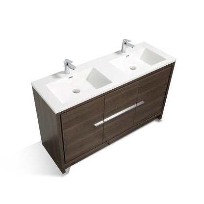 TONA Allier 60" White & Gray Oak Freestanding Bathroom Vanity with Faux Marble Integrated Top & Double Sink
