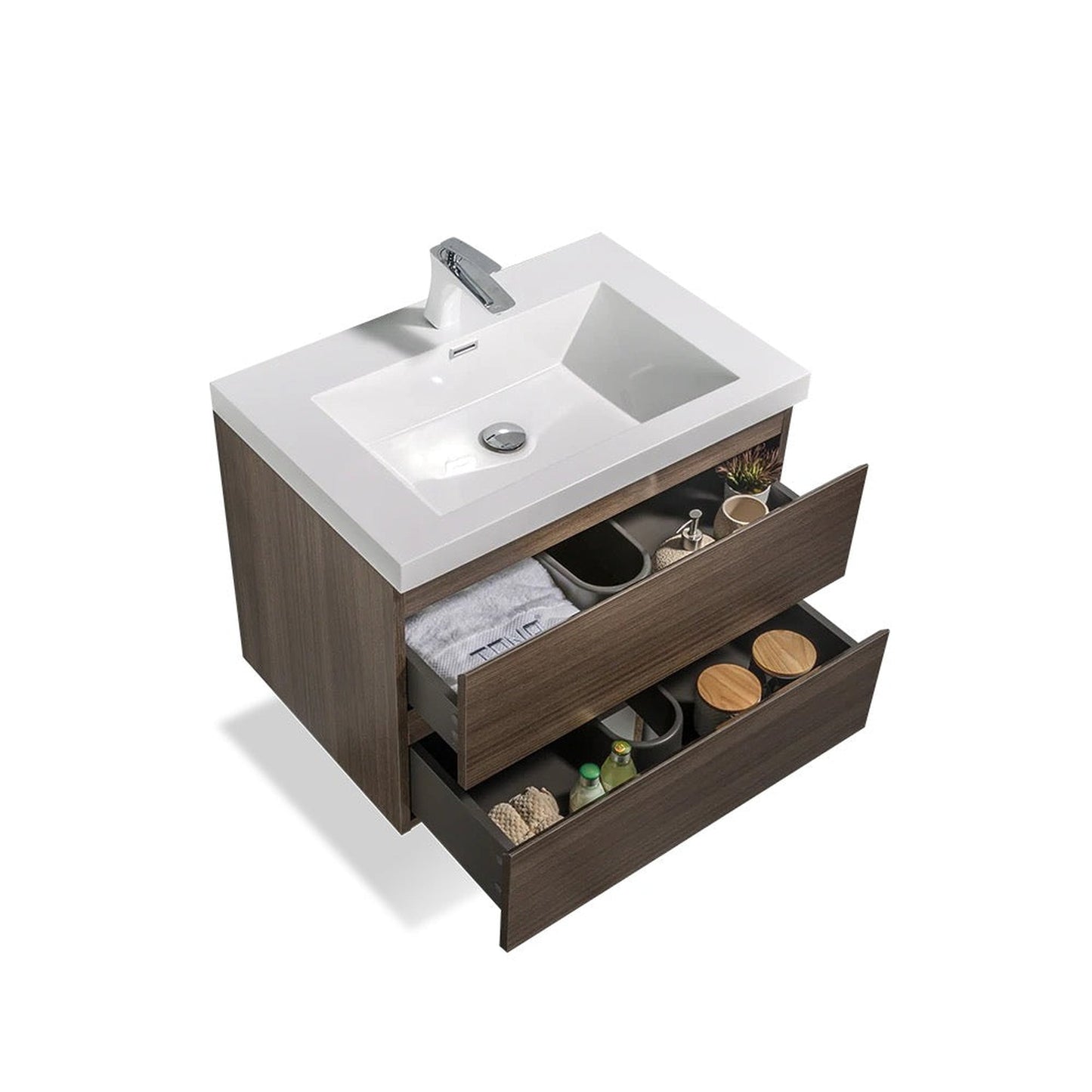 TONA Angela 24" White & Gray Oak Wall-Mounted Bathroom Vanity With Faux Marble Integrated Top & Single Sink